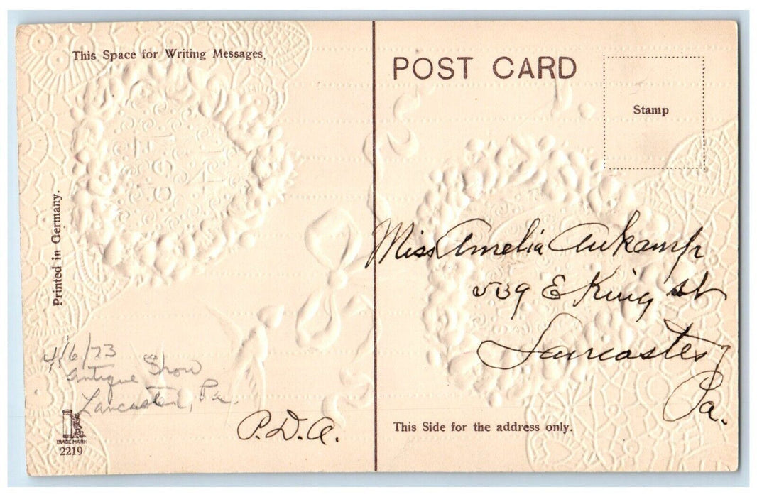 c1910's Valentine Greetings Feb. 14 Hearts Ribbon Birds Embossed Posted Postcard
