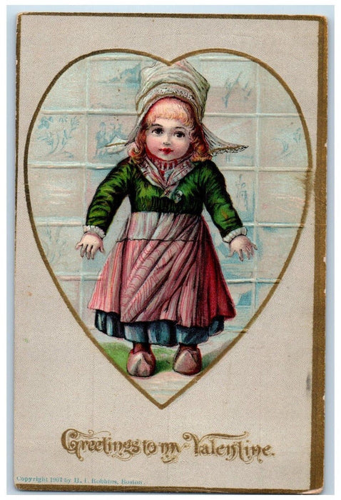 1909 Valentine Greetings Dutch Girl Heart Embossed Middletown CT Posted Postcard