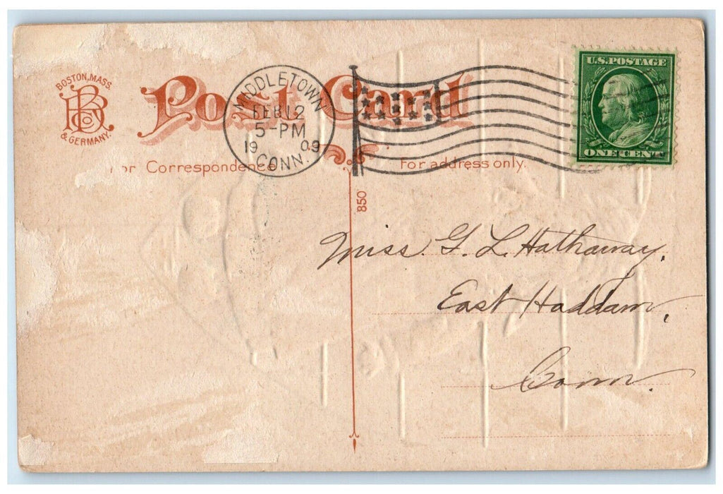 1909 Valentine Greetings Dutch Girl Heart Embossed Middletown CT Posted Postcard