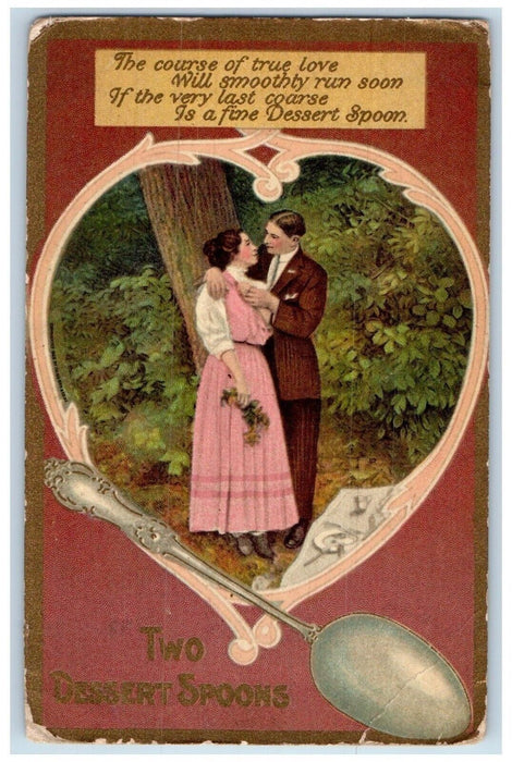c1910's Valentine Dessert Spoon Sweet Couple Romance Unposted Antique Postcard