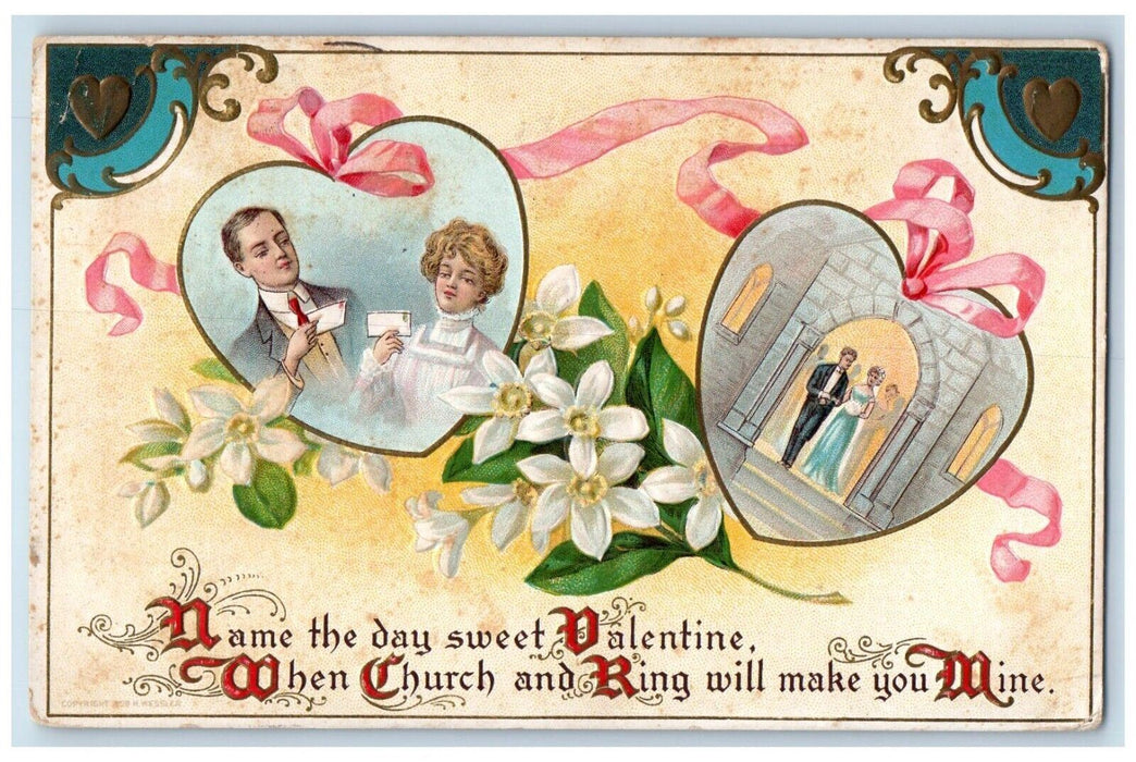 1910 Valentine Hearts White Flowers Ribbon Embossed Posted Antique Postcard