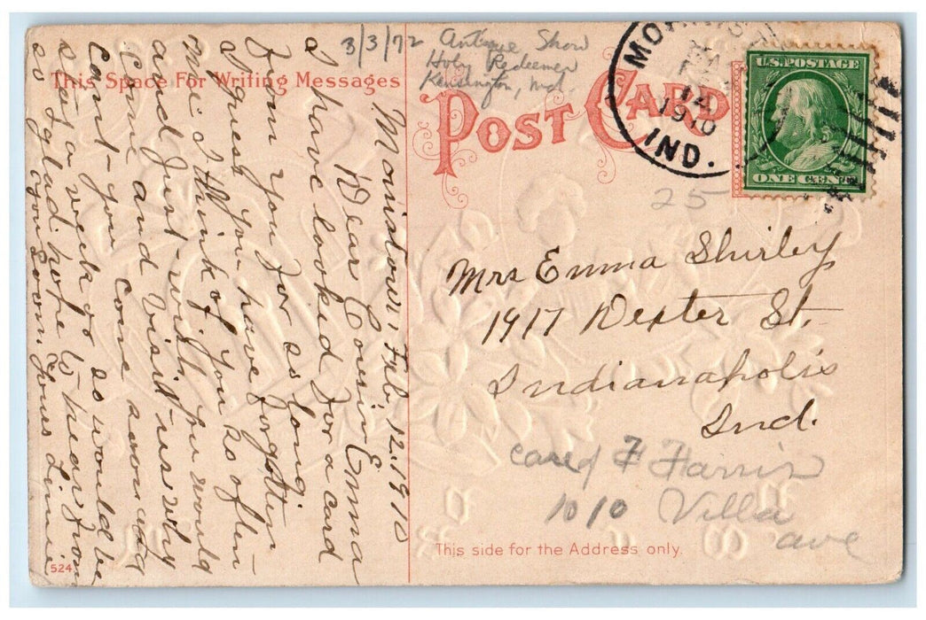 1910 Valentine Hearts White Flowers Ribbon Embossed Posted Antique Postcard