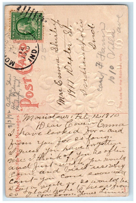1910 Valentine Hearts White Flowers Ribbon Embossed Posted Antique Postcard