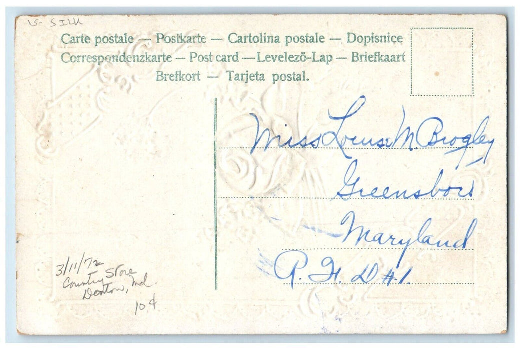 c1910's Valentine Greeting Pansies Flowers Embossed Silk Antique Postcard