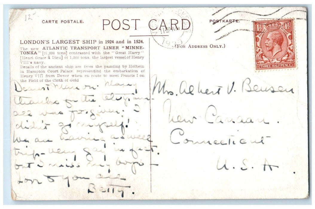 c1938 London's Largest Ship Atlantic Transport Liner Minnetonka Steamer Postcard