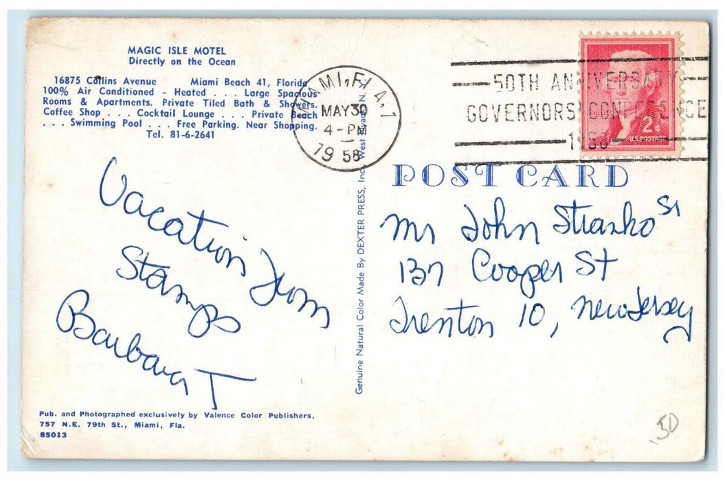 1958 Magic Isle Motel Bathing Scene Pool Beach Miami Florida FL Postcard
