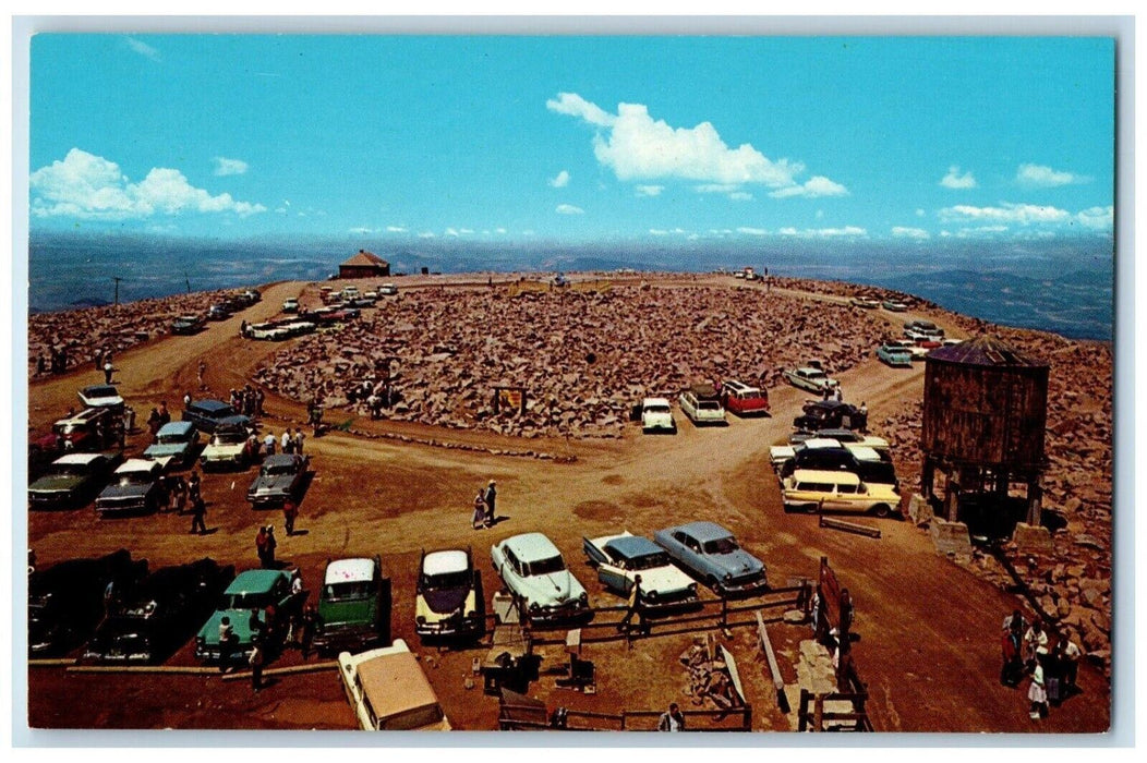 Parking Area Top Pikes Peak Mountain Cars Dirt Road Scene Colorado CO Postcard