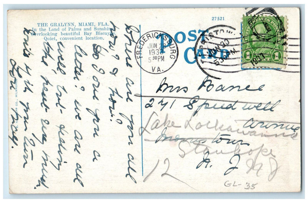 1933 Land of Palms and Sunshine The Gralynn Miami Florida FL Postcard