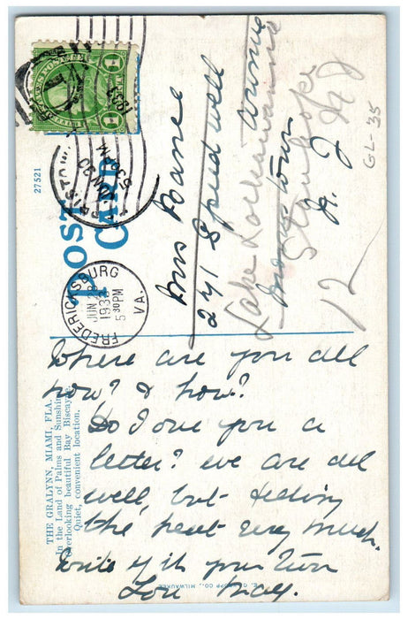 1933 Land of Palms and Sunshine The Gralynn Miami Florida FL Postcard