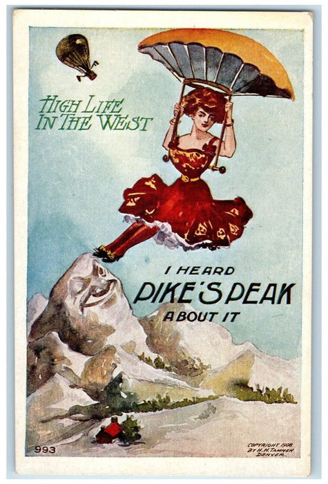 High Life In the West Pikes Peak Colorado CO, Hot Air Balloon Parachute Postcard