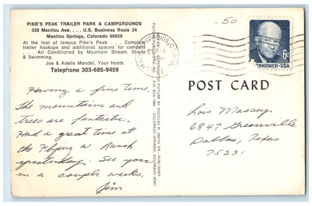 1971 Pikes Peak Trailer Park & Campgrounds Manitou Springs Colorado CO Postcard