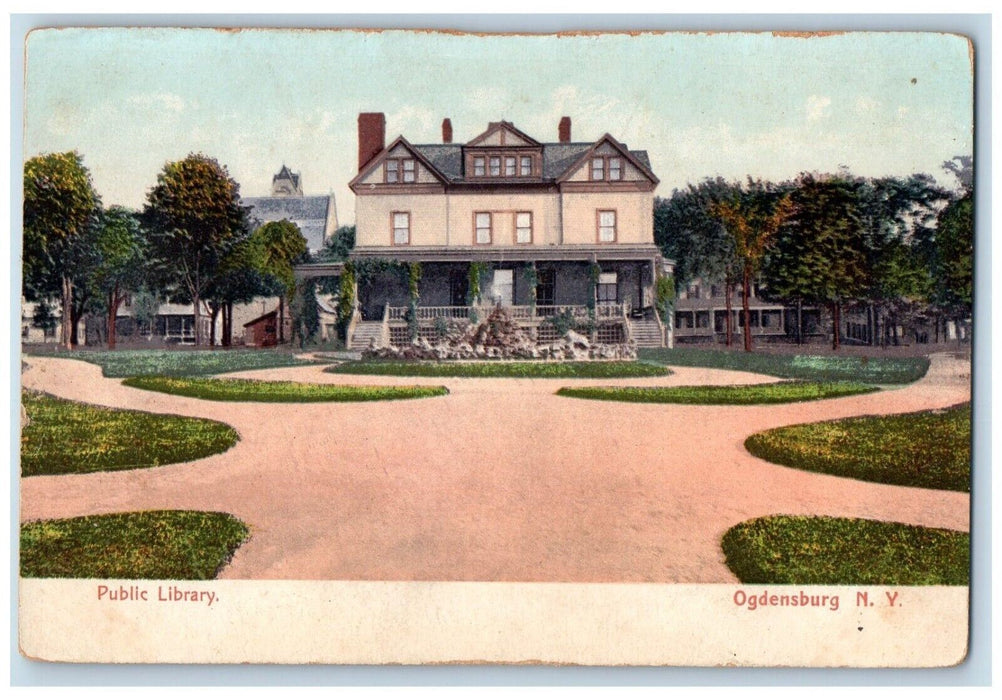 c1905 Public Library Exterior Scene Ogdensburg New York NY Antique Postcard