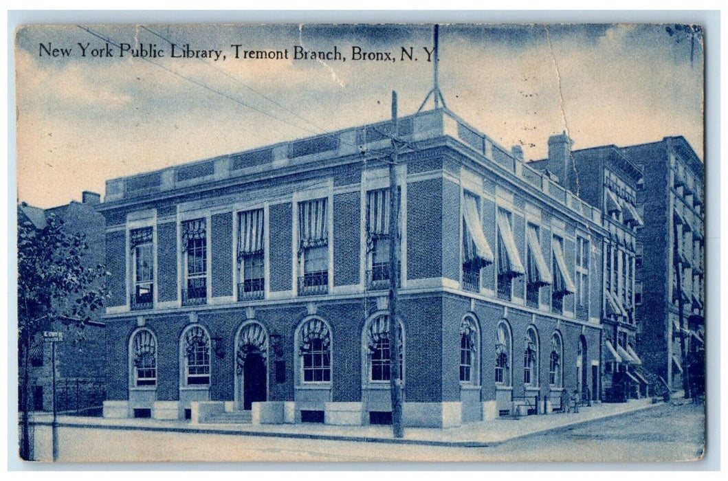 1916 New York Public Library Tremont Branch Street View Bronx NY Postcard