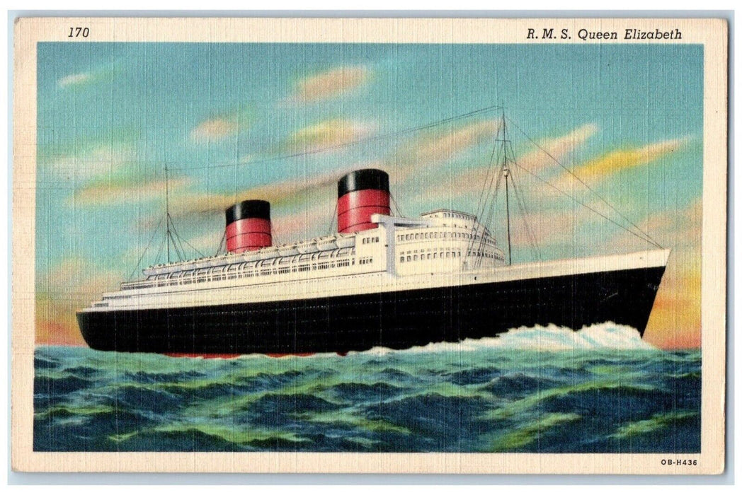 c1940 RMS Queen Elizabeth Steamer Steamship Boat Turbo Electric Engines Postcard