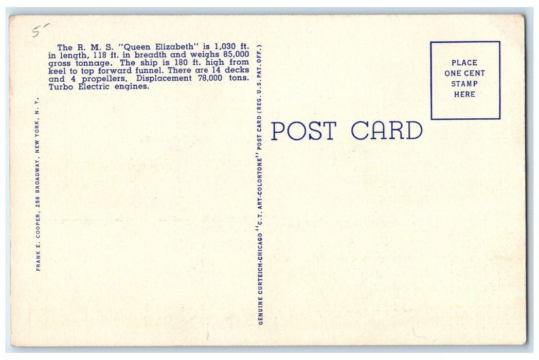 c1940 RMS Queen Elizabeth Steamer Steamship Boat Turbo Electric Engines Postcard
