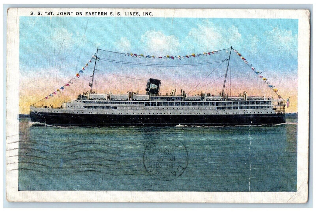 1936 SS St John Eastern SS Lines Inc Cruise Ship Steam Vintage Antique Postcard