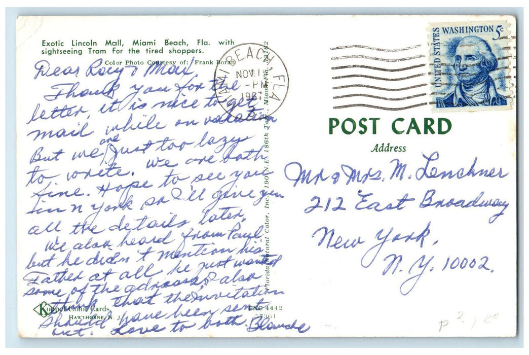 1967 Sightseeing Tram Lincoln Mall Miami Beach Florida FL Posted Postcard
