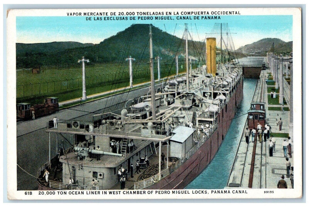 c1920 Ocean Liner West Chamber Pedro Miguel Locks Panama Canal Steamer Postcard