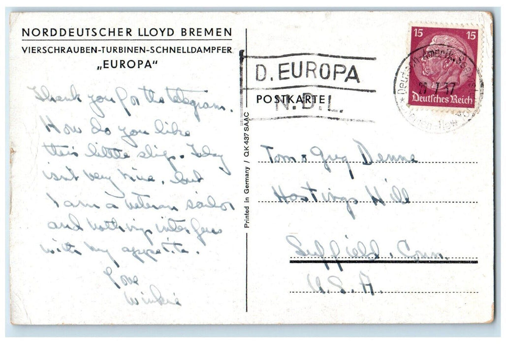 1937 Norddeutscher Lloyd Bremen Vierschraiben Euorpa Steamship Steamer Postcard