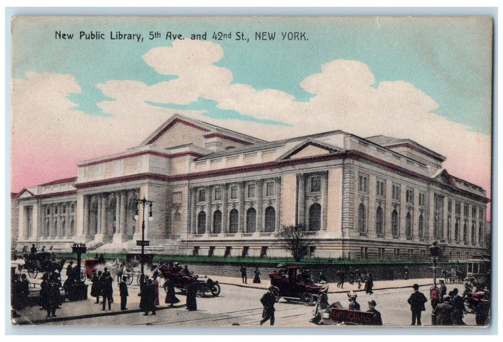 1910 New Public Library 5th Ave And 42nd Street Cars View New York NY Postcard