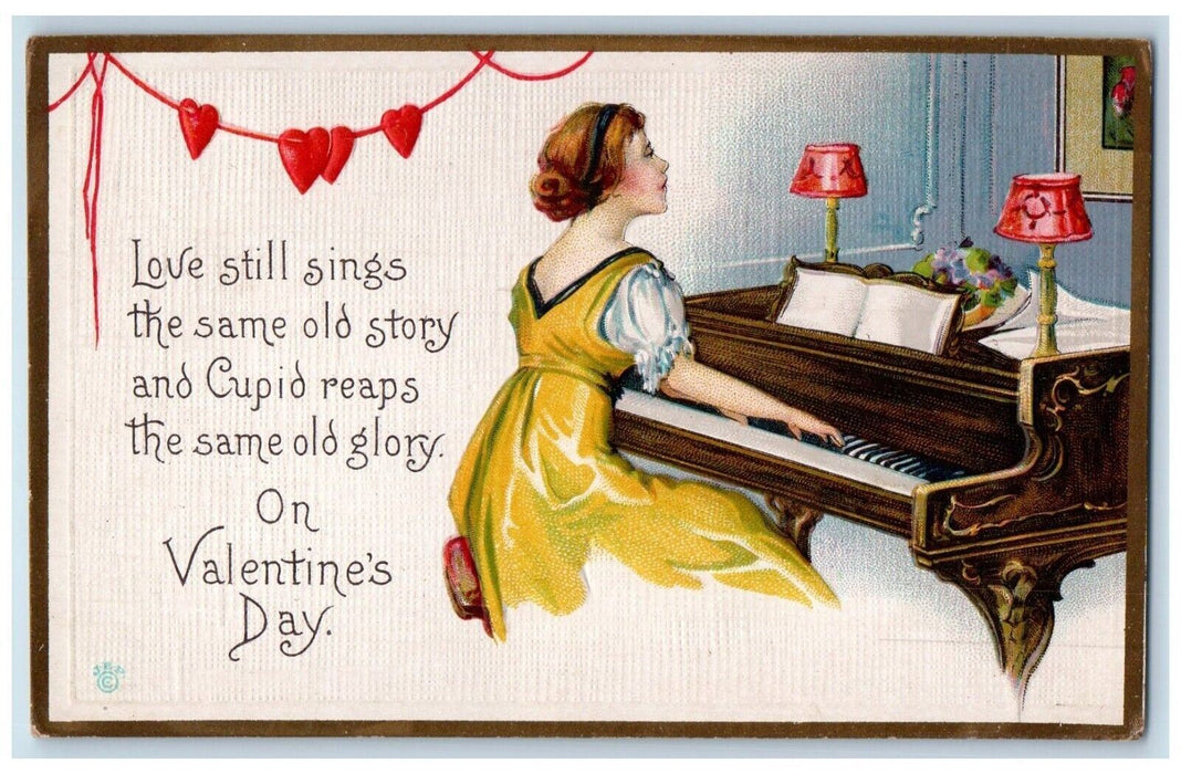c1910's Valentine Hearts Girl Playing Piano Embossed Posted Antique Postcard