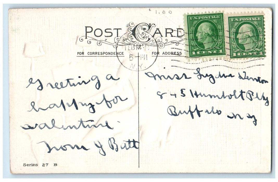 c1910's Valentine Hearts Girl Playing Piano Embossed Posted Antique Postcard