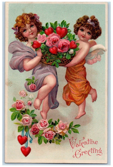 c1910's Valentine Greetings Pretty Angel Pink Roses Flowers Embossed Postcard
