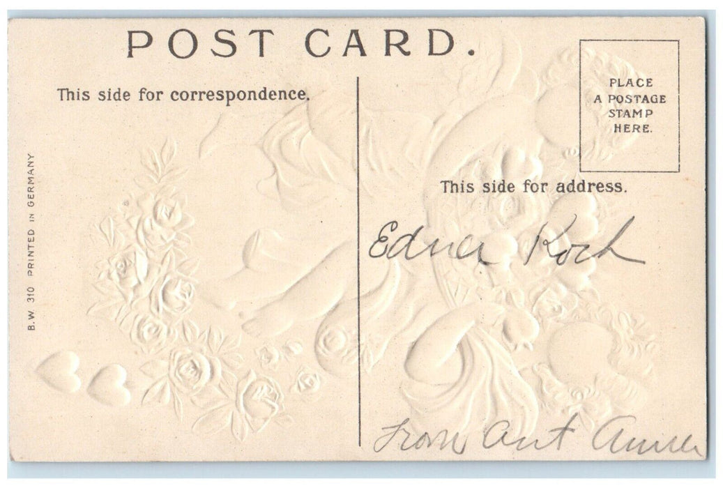 c1910's Valentine Greetings Pretty Angel Pink Roses Flowers Embossed Postcard