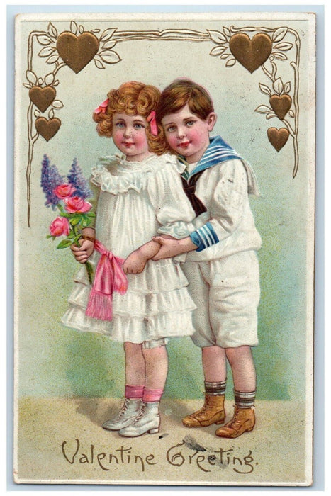 1912 Valentine Greeting Boy Girl Hugging Flowers Embossed Palatine IL Postcard