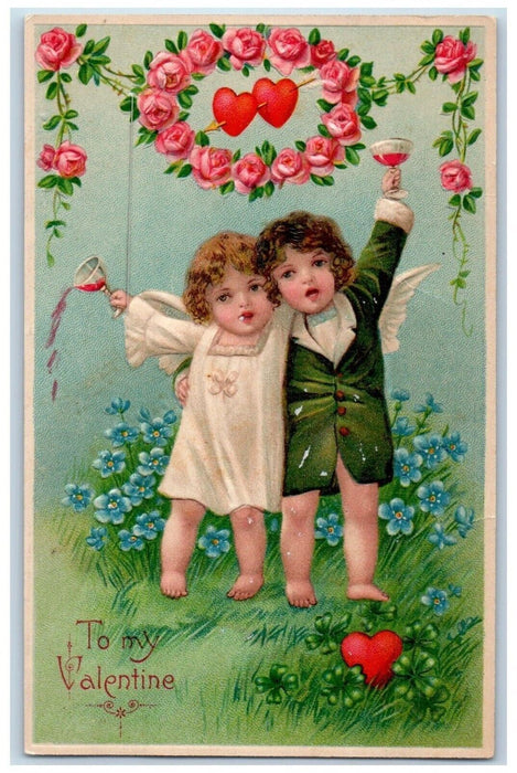 c1910's Valentine Angels Hearts Pink Roses Flowers Pansies Embossed Postcard