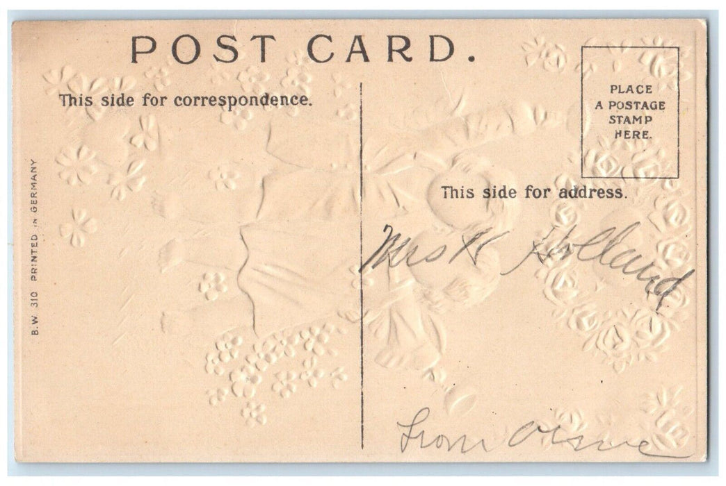 c1910's Valentine Angels Hearts Pink Roses Flowers Pansies Embossed Postcard