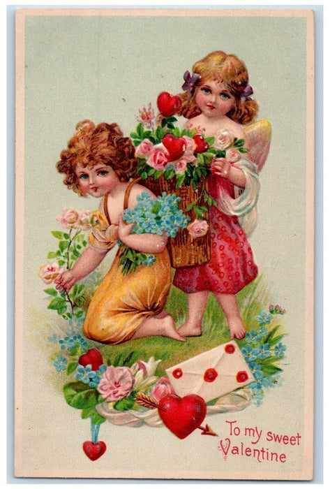 c1910's Valentine Angels Hearts Pansies Flowers Roses Letter Embossed Postcard