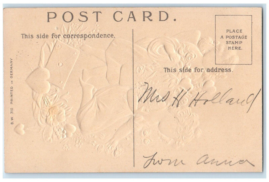 c1910's Valentine Angels Hearts Pansies Flowers Roses Letter Embossed Postcard