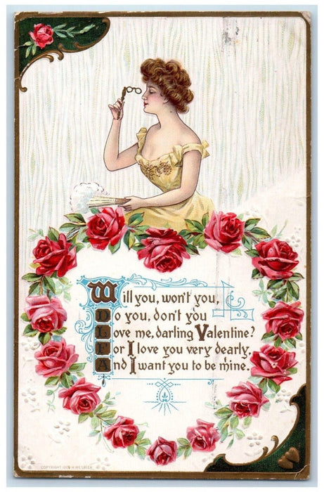 1910 Valentine Pretty Girl Heart Pink Roses Embossed Chicago IL Posted Postcard