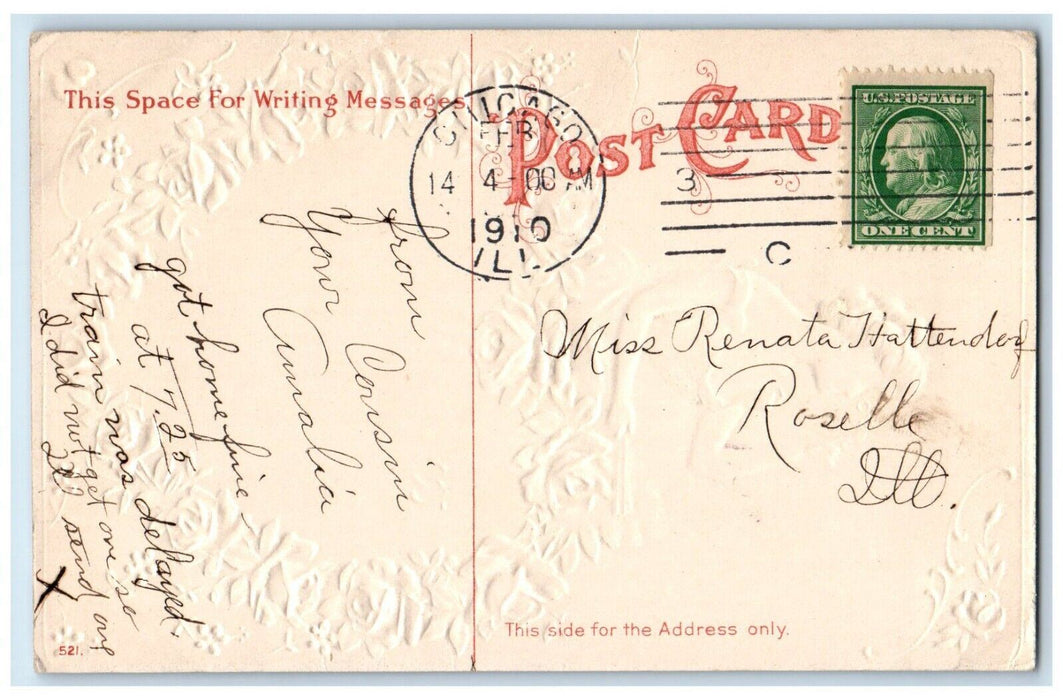 1910 Valentine Pretty Girl Heart Pink Roses Embossed Chicago IL Posted Postcard