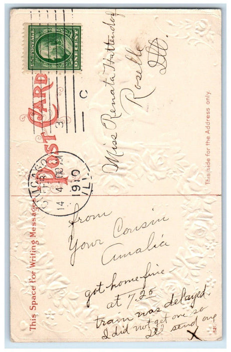 1910 Valentine Pretty Girl Heart Pink Roses Embossed Chicago IL Posted Postcard