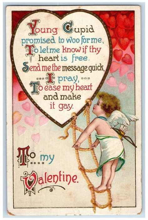 1911 Valentine Angel Cupid Bow Arrow Climbing Rope Clapsaddle Embossed Postcard