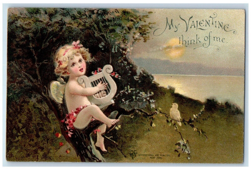 c1905 Valentine Angel Cupid Lyre Song Bird Clapsaddle Embossed Antique Postcard