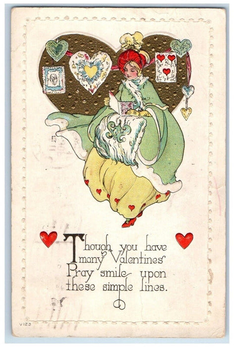 1916 Valentine Pretty Girl Dress Book Gold Giant Heart Embossed Antique Postcard