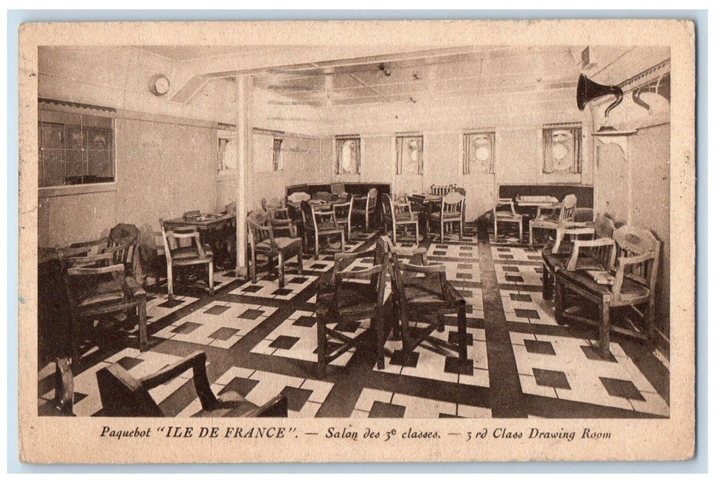 1923 Paquebot Ile De France Salon Des Classes Drawing Room Desk Vintage Postcard