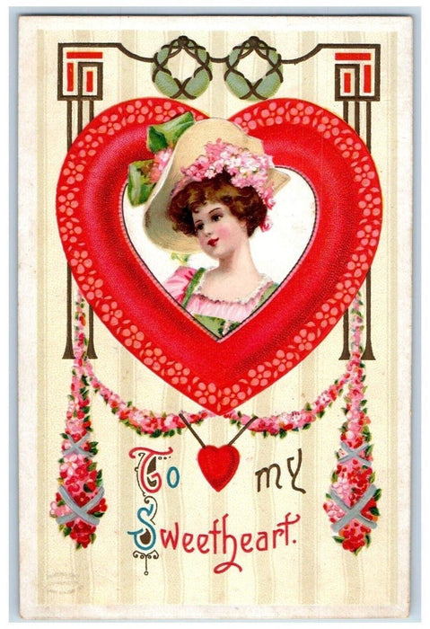 c1910's Valentine Giant Heart Pretty Girl Big Hat Pansies Flowers Postcard