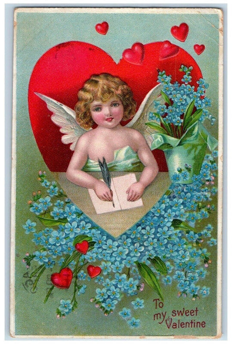 1911 Valentine Cupid Angel Big Heart Pansies Flowers Embossed Antique Postcard