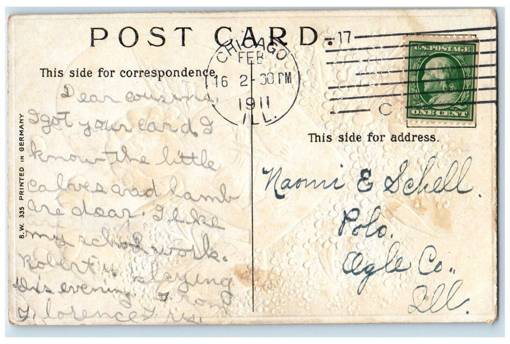 1911 Valentine Cupid Angel Big Heart Pansies Flowers Embossed Antique Postcard
