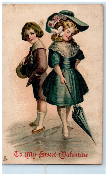 c1910's Valentine Boy Girl Formal Dress Umbrella Embossed Tuck's Posted Postcard