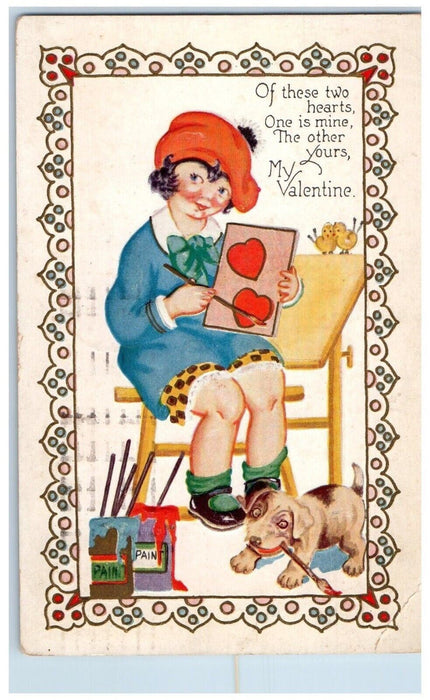 1925 Valentine Girl Painter Puppy Dog Embossed Akron Ohio OH Antique Postcard