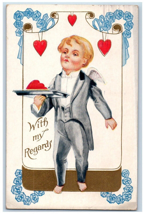 1913 Valentine Angel Waiter Hearts Jelly Embossed Joliet Illinois IL Postcard