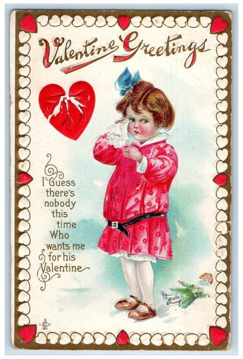 c1910's Valentine Greetings Girl Crying Doll Heart Broken Embossed Postcard