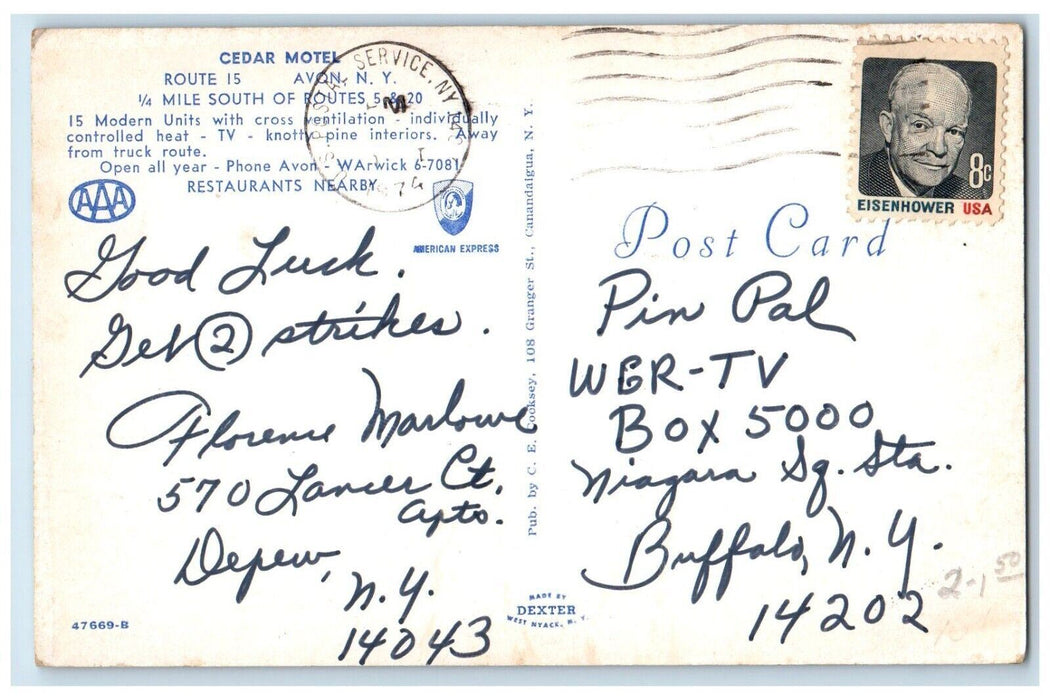 1974 Cedar Motel AAA American Express Avon New York NY Posted Postcard