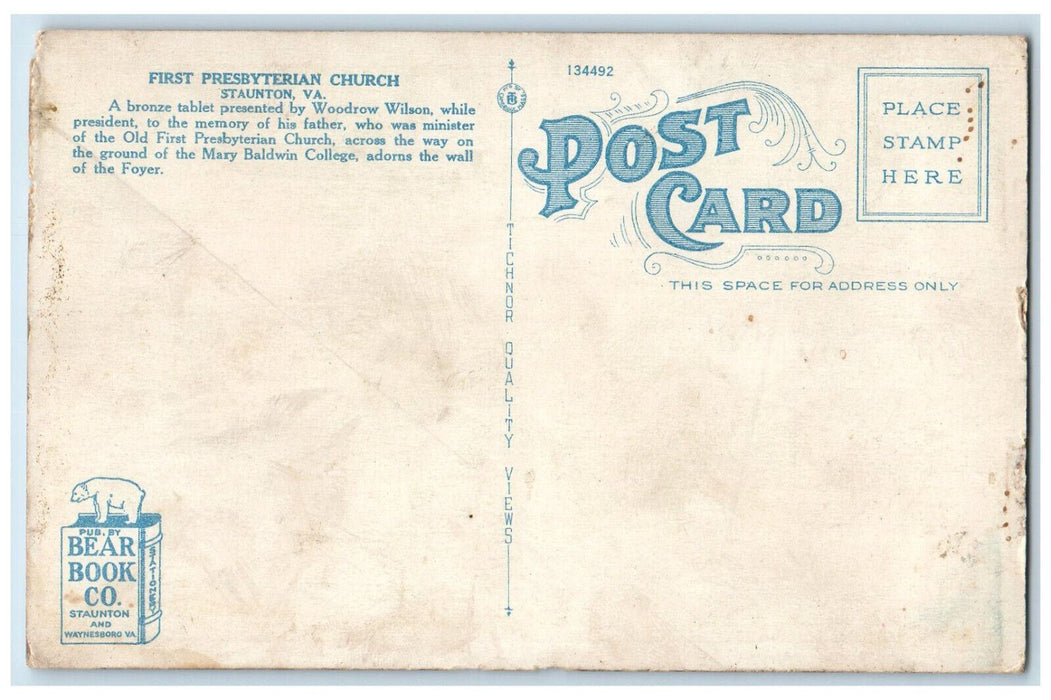 c1920's First Presbyterian Church Staunton Virginia VA Unposted Postcard