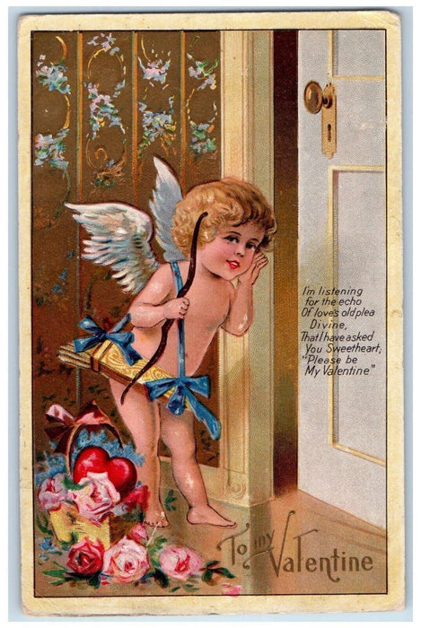 1909 Valentine Cupid Angel Bow Arrow Heart Pansies Flowers Winsch Back Postcard